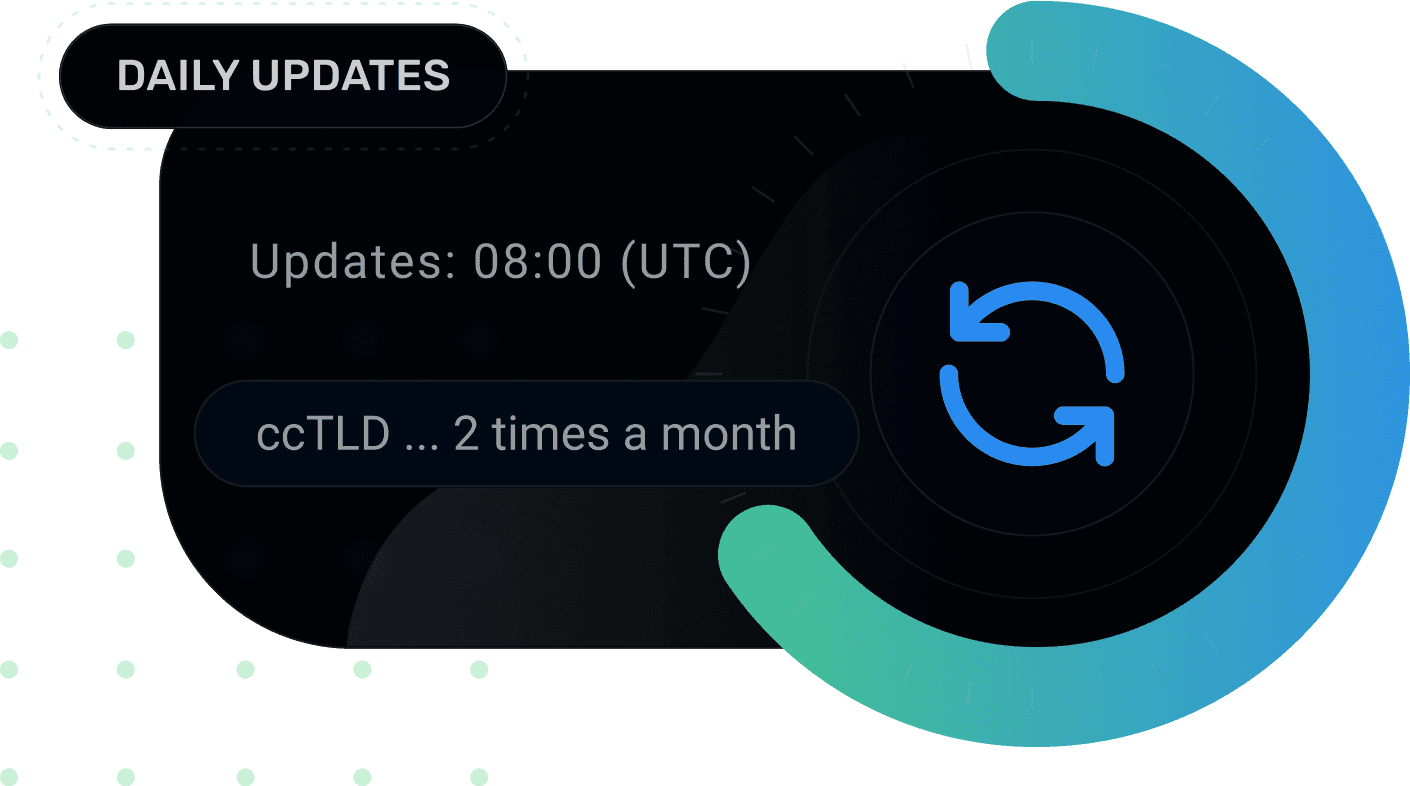 Panel reading Daily updates at 08:00 UTC, with ccTLDs refreshed twice a month, beside a refresh icon