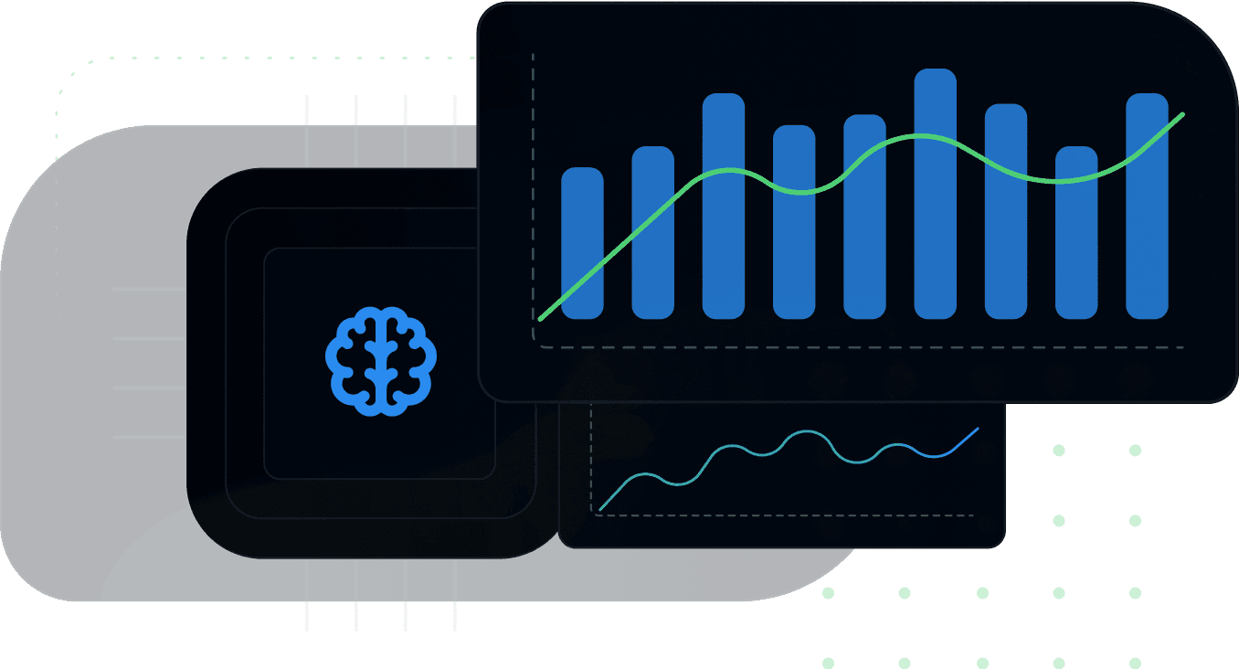 Illustration of a brain icon beside bar and line charts showing an upward trend