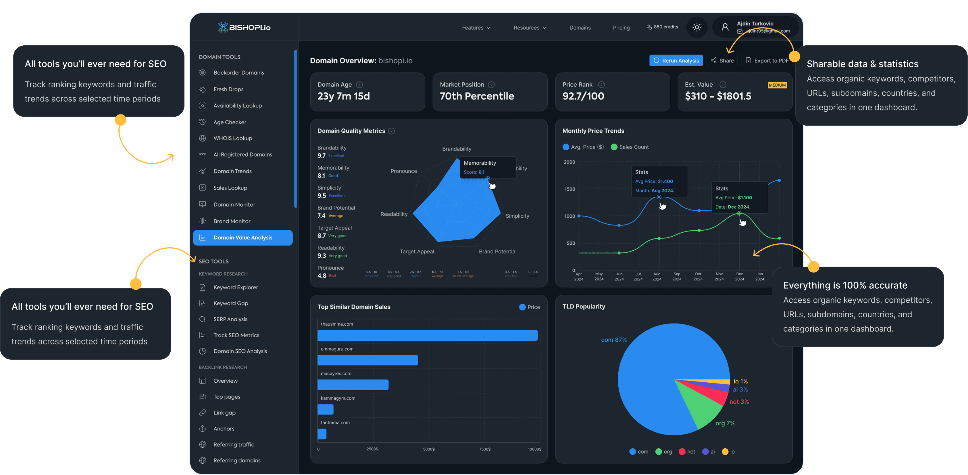 Bishopi Dashboard - Domain Value Analysis showing analytics, charts, and domain metrics
